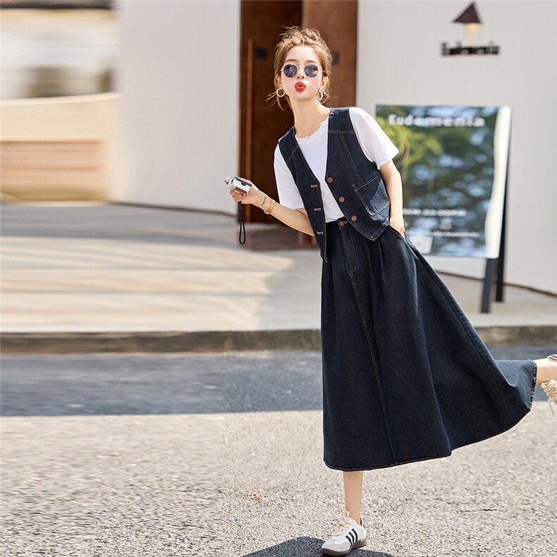牛仔套装裙女春季2025新款宽松马甲长袖衬衫短袖T半身裙三件套,女装套装/套裙,秀美人生