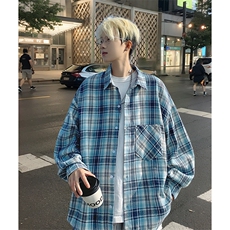 衬衫男春季新款港风宽松磨毛格子长袖衬衣CS602-特P28无差价，男装衬衫，星座214-3