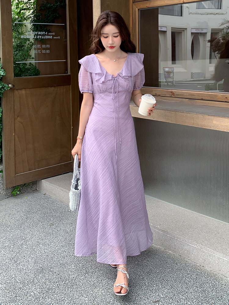 气质长款V领荷叶边温柔连衣裙女夏季2025文艺日系绝美高级感长裙,女装连衣裙,浙宝305