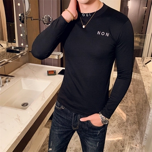 秋季新款 潮流休闲纯色修身小高领绣花长袖T恤打底衫男1009-p35黑图片