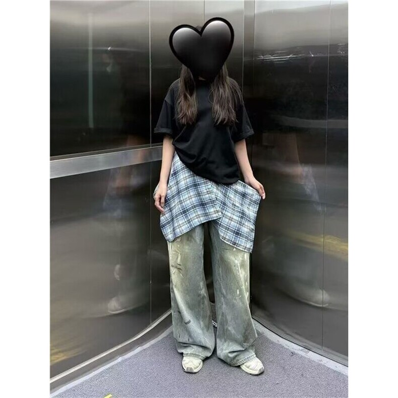夏日松弛感牛仔裤女夏季美式街头创意泼墨水洗做旧设计宽松垂感裤图片