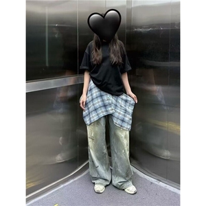 夏日松弛感牛仔裤女夏季美式街头创意泼墨水洗做旧设计宽松垂感裤图片