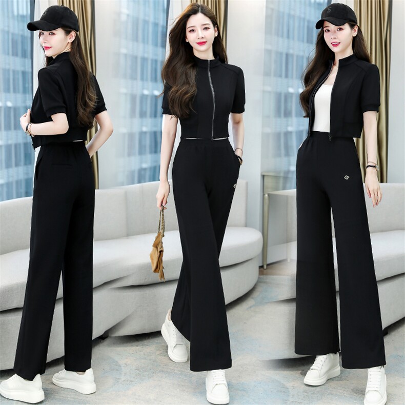 尾货通勤大牌外贸高端专柜牛货新款长袖撞色拉链上衣配阔腿裤套装，女装套装/套裙，卡杰菲