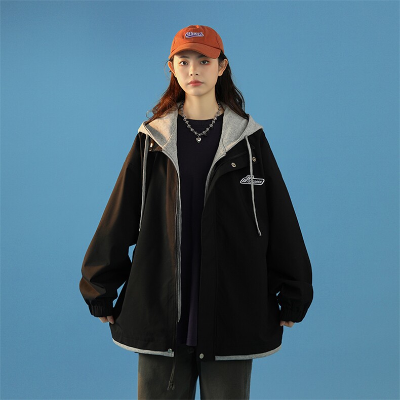 春秋款工装连帽假两件夹克潮流拼色宽松冲锋衣外套JK8310-P65,男装夹克,电商B306