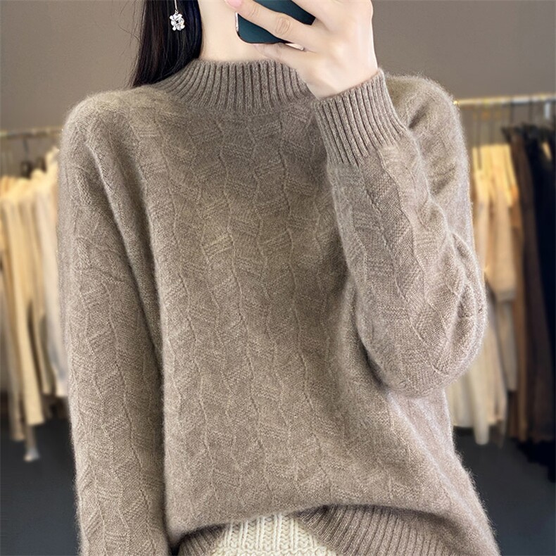 半高领提花100%纯羊毛衫女秋冬款加厚针织毛衣打底羊绒衫宽松上衣,女装羊毛衫,鸿陌羊绒