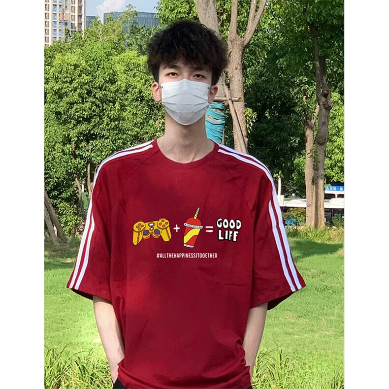 抖音得物高品质二开240克宽松纯棉美式潮牌三条杠织带短袖T恤,男装T恤,电商A486-1
