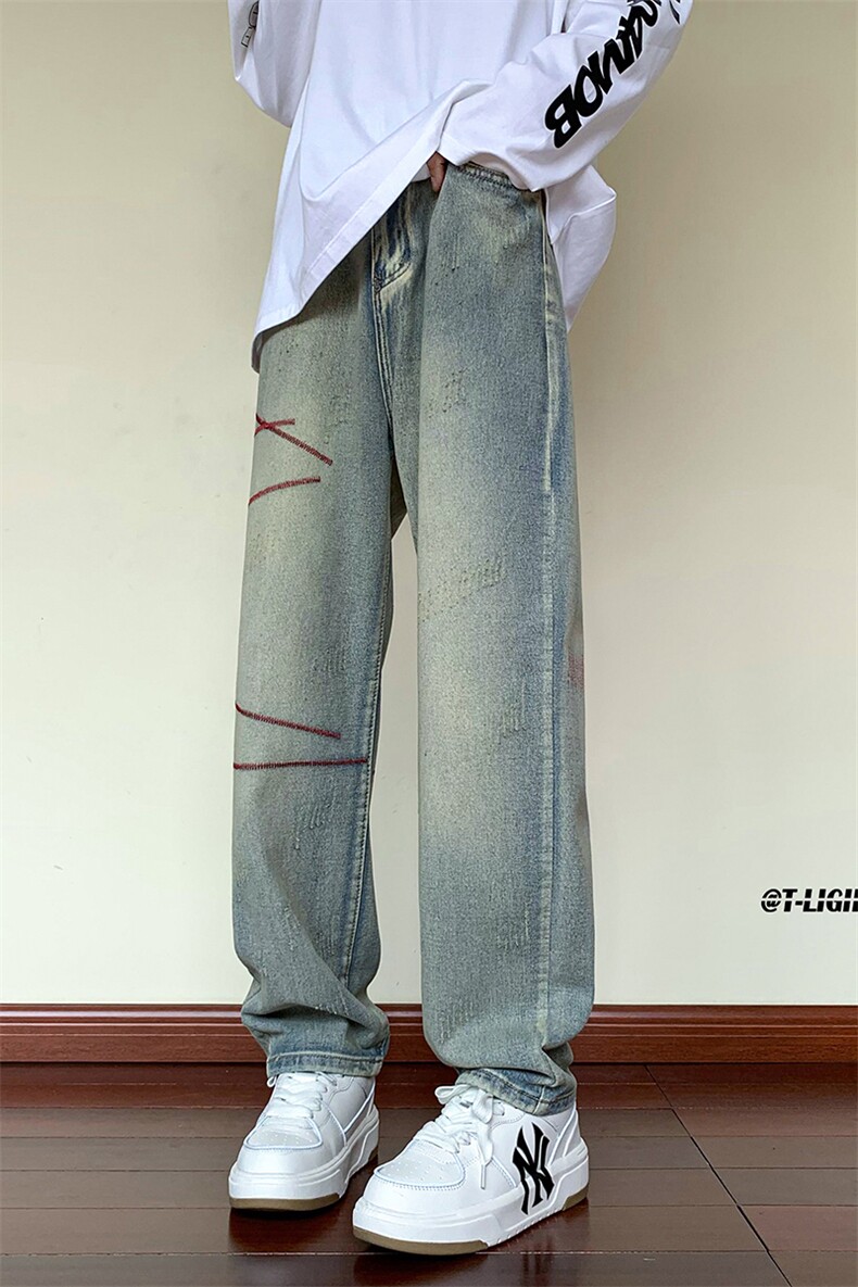 美式ins高街hiphop刺绣重工艺水洗直筒牛仔裤货号K689P55,男装牛仔裤,电商A063