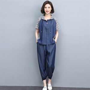 大码牛仔套装女2025夏季新款时尚洋气减龄休闲天丝中年妈妈两件套,过膝靴女搭配图片