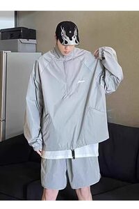 美式高级感半拉链冲锋衣套装男夏季立领防晒衣短裤男模穿搭一整套图片