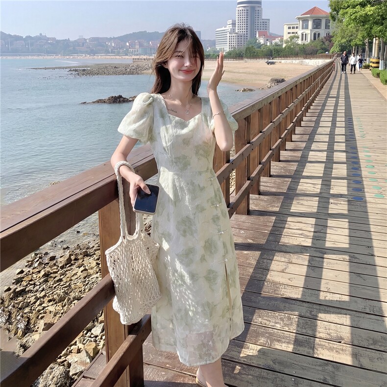 新中式给g风盘扣印花收腰连衣裙,女装连衣裙,采品优优
