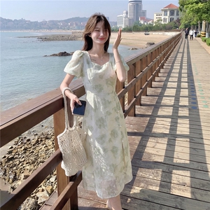 新中式给g风盘扣印花收腰连衣裙图片