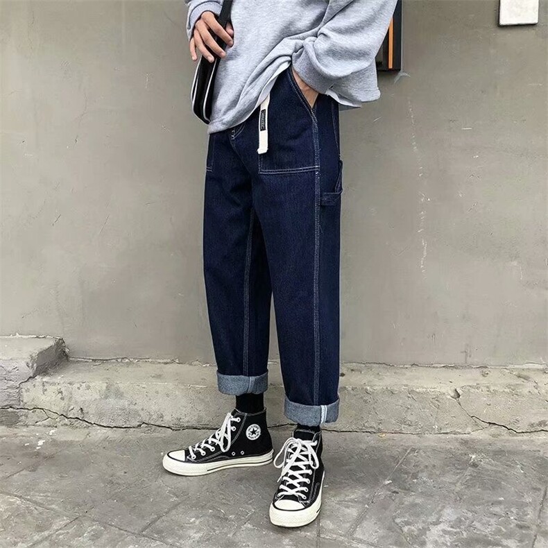 春夏季牛仔裤男港风宽松直筒复古工装休闲裤韩版潮流学生阔腿裤男图片