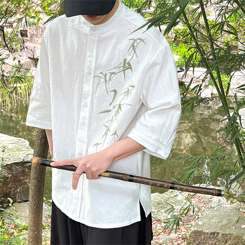 中式24新款风男生大码情侣竹叶立领盘扣绣花衬衫T29-P65控78,男装衬衫,电商A021