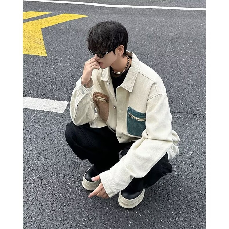 美式复古撞色拉链多口袋牛仔外套男女宽松设计感水洗夹克B30/P80,男装夹克,星座506