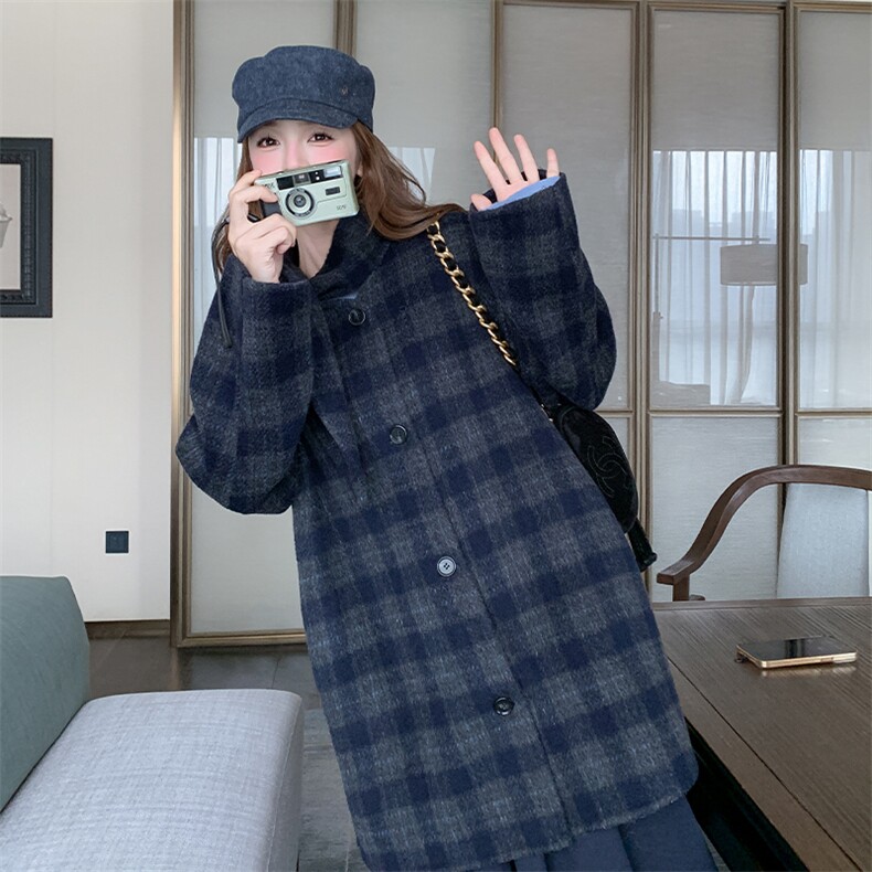 复古格子双面羊毛大衣女2025冬季新款韩系学院风休闲减龄毛呢外套,女装毛呢外套,2C269