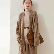 立领麻花羊绒开衫女秋冬新款宽松长袖中长款针织开衫厚羊绒大衣，女装羊绒大衣，缇曼羊绒