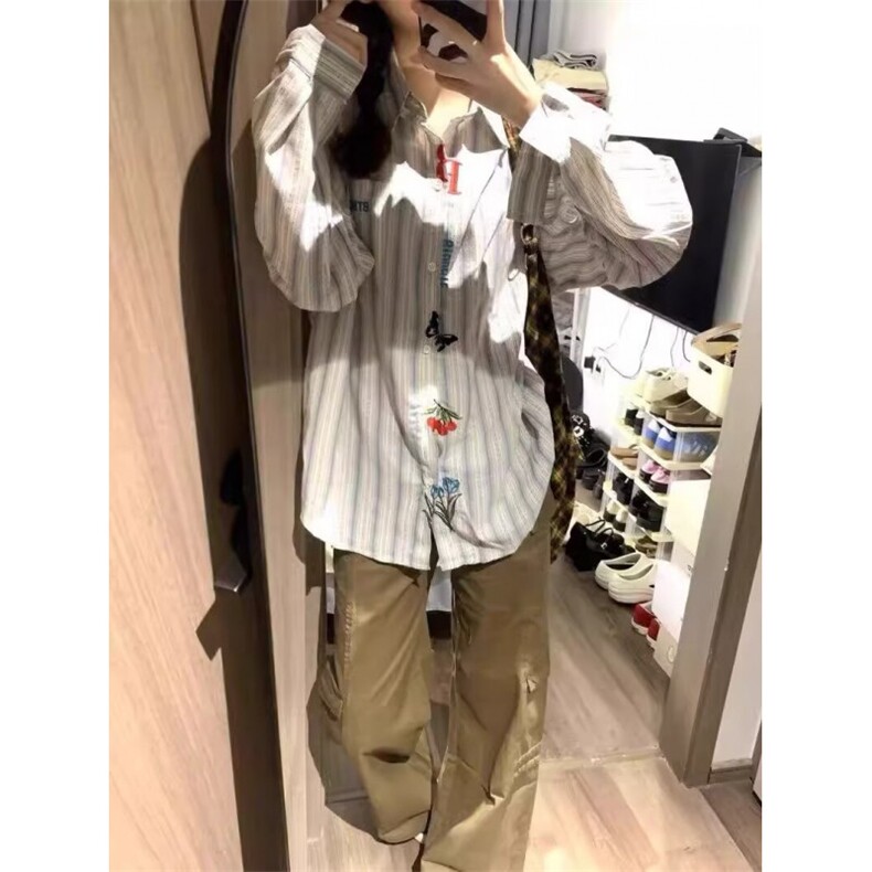 1506-1/GJ080/P46情侣文艺感刺绣个性美式复古条纹长袖衬衫,男装衬衫,星座1506A
