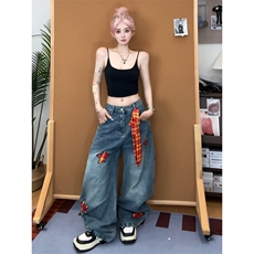 设计感创意汉堡毛巾绣牛仔裤男女显瘦宽松高街阔腿微喇裤，男装牛仔裤，星座506A