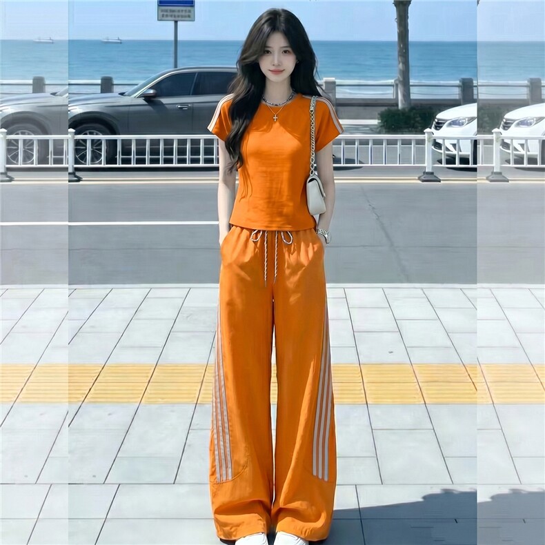 港风炸街休闲运动套装女夏洋气显瘦修身圆领短袖上衣长裤两件套潮,女装套装/套裙,江南