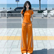 港风炸街休闲运动套装女夏洋气显瘦修身圆领短袖上衣长裤两件套潮，女装套装/套裙，江南