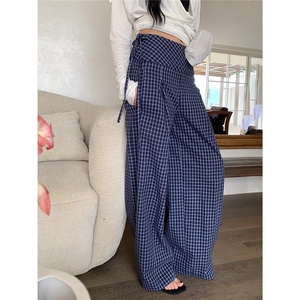 美式复古格子裤休闲裤女夏季裤高腰复古宽松直筒裤阔腿裤图片