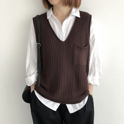 短款套头针织马甲背心冬季宽松大码女装纯色毛衣马夹V领坎肩上衣,女装马甲,洁纯羊绒