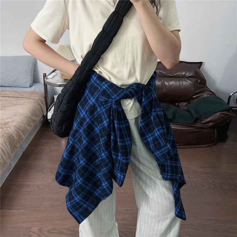 蓝色美式复古松弛格子衬衫大版宽松简约外套刺绣长袖上衣百搭衬衣,男装衬衫,星座506A
