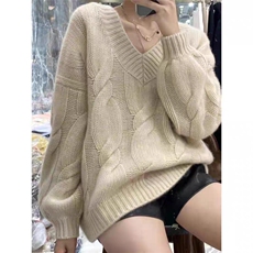 加厚V领大绞花胸围120衣长60袖长48白色青绒色，女装针织衫/毛衣，更慕羊绒