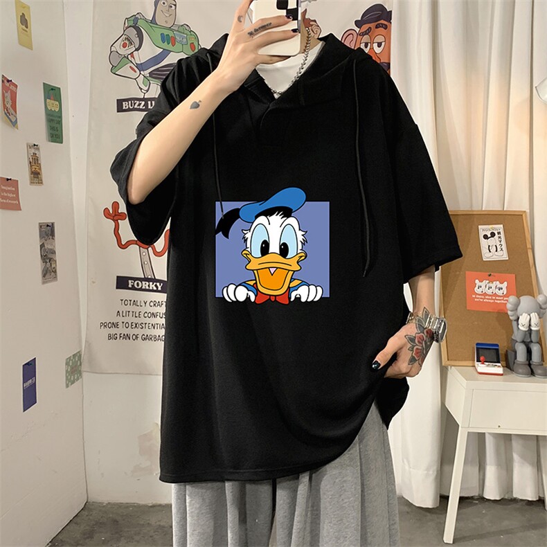 LD54223-P45唐老鸭连帽短袖t恤男大码胖子带帽五分袖中袖海报风,男装T恤,电商A040