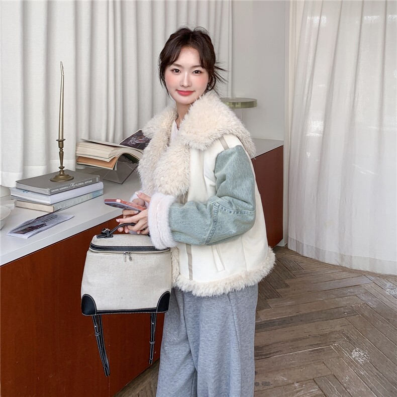 新款大领皮毛一体牛仔袖双拼外套（大货已出）,女装毛呢外套,2C222