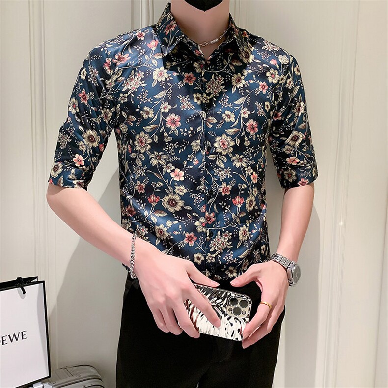 店主风社会小伙男士修身印花中袖衬衫男休闲衬衣301A-1/CS386/P55图片