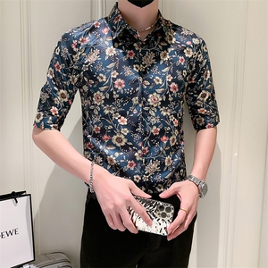 店主风社会小伙男士修身印花中袖衬衫男休闲衬衣301A-1/CS386/P55图片