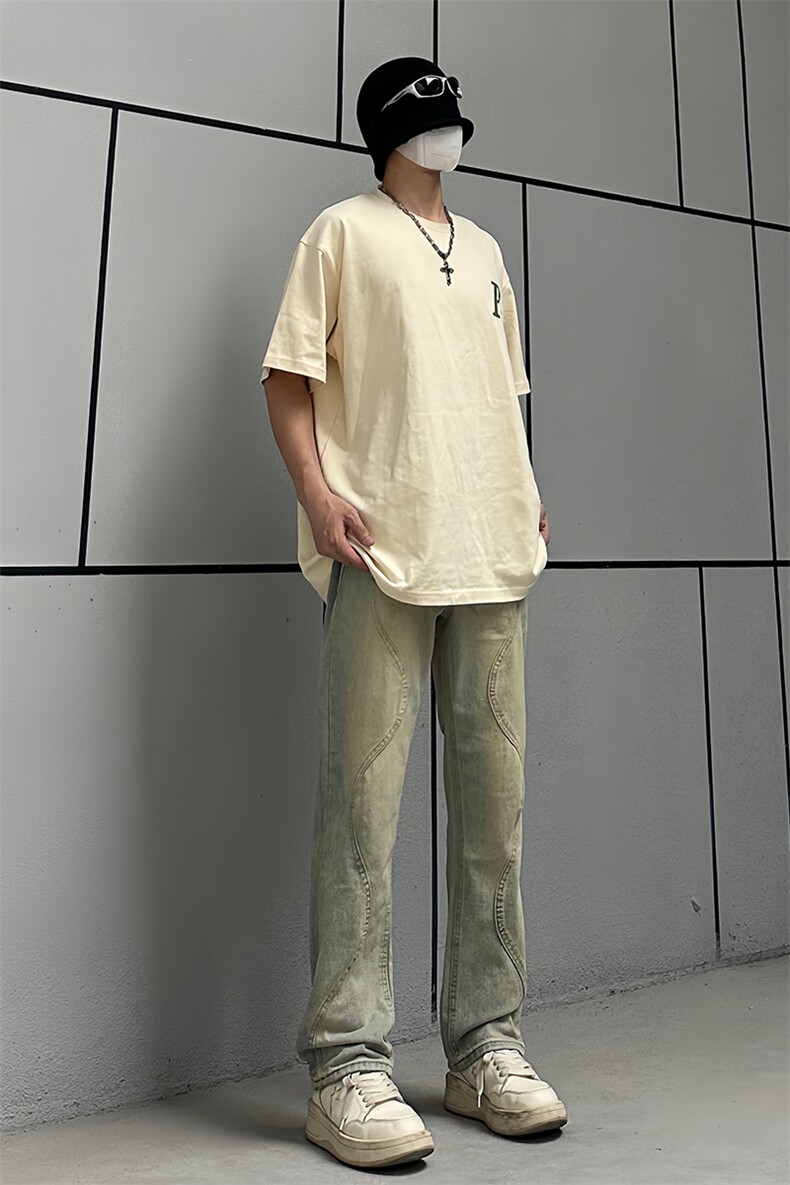 B221美式ins高街暗黑小众泥黄色休闲直筒牛仔裤LK23026-P60控78,男装牛仔裤,电商B221