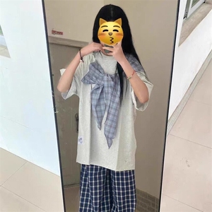 拼接格子布装饰 高品质260克双纱纯棉美式高街短袖T恤 特P35图片