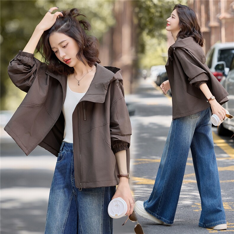 咖色美式短外套女秋季新款宽松休闲工装纯色拉链气质风衣，女装短外套，梦懿尔