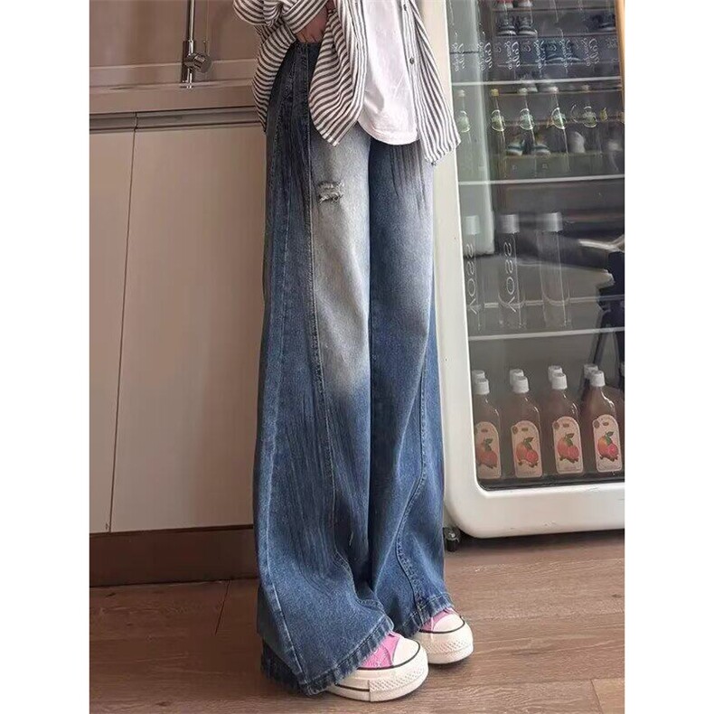 美式复古灰蓝色抓痕破洞牛仔裤轻奢小众炸街裤子ins高级感微喇裤,男装牛仔裤,星座506A