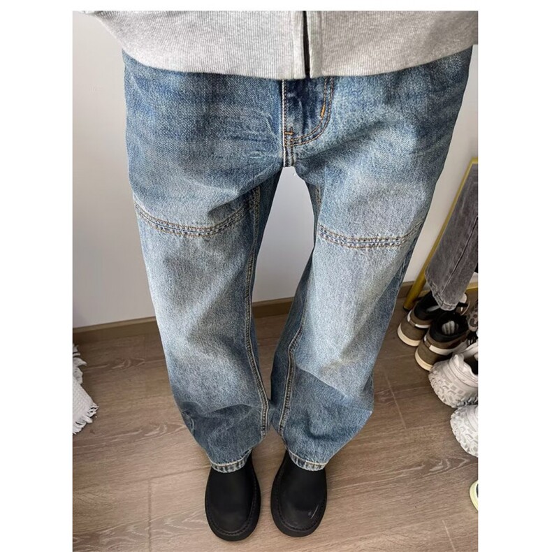 秋季新款高街轻工装结构拼接线显腿长美式复古宽松阔腿直筒牛仔裤,男装休闲裤,星座1013