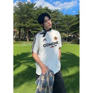 潮牌赛车风夏季美式印花短袖t恤男宽松重磅三条杠上衣 T726图片