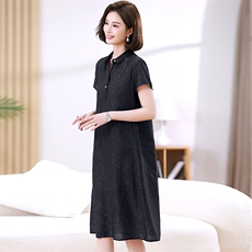 气质翻领印花连衣裙女夏季2024新款中年妈妈宽松气质休闲直筒裙子，女装连衣裙，江忆布依