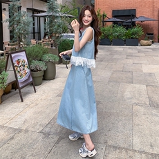 现货-2025年夏季新款蕾丝拼接牛仔两件套裙P155-K218，女装套装/套裙，浪娴服饰