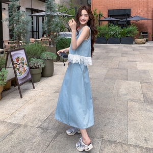 现货-2025年夏季新款蕾丝拼接牛仔两件套裙P155-K218图片