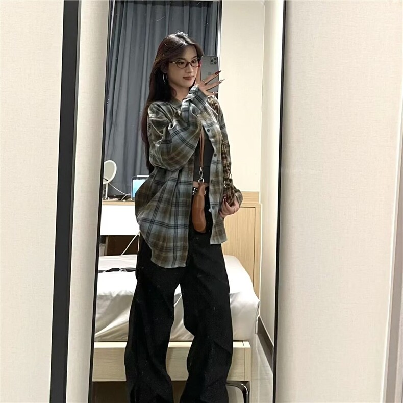 美式复古磨毛格纹长袖衬衫女2024秋宽松衬衣显瘦翻领气质百搭外套,男装衬衫,星座506A