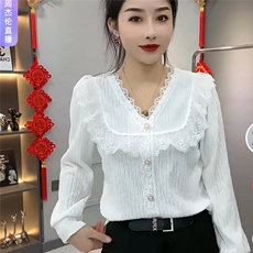 蕾丝洋气打底衬衫显瘦荷叶设计气质时尚减龄春新款上衣长袖宽松女，女装蕾丝衫/雪纺衫，思沃羊绒