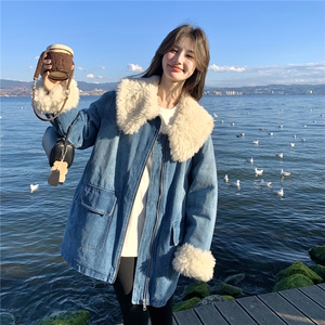 羊卷毛领牛仔羽绒服女2026冬季保暖90白鸭绒外套小个子宽松洋气图片