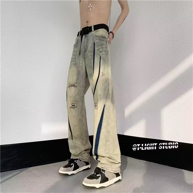 AK1685-P45复古高街显瘦设计感撞色水洗破洞直筒牛仔裤,男装牛仔裤,星座617A-2