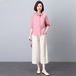 棉麻衬衫套装女2025年夏装新款时尚中年妈妈阔腿裤亚麻减龄两件套图片