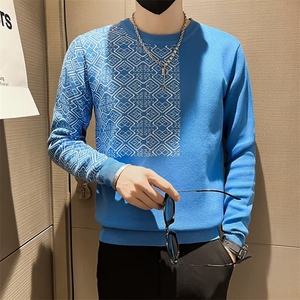 圆领慵懒风提花修身男士套头长袖针织衫撞色休闲简约毛衣S520图片