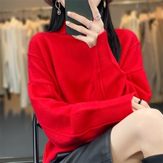 25秋冬羊毛长袖针织衫女翻领套头加厚毛衣纯色打底衫，女装羊毛衫，奢优羊绒