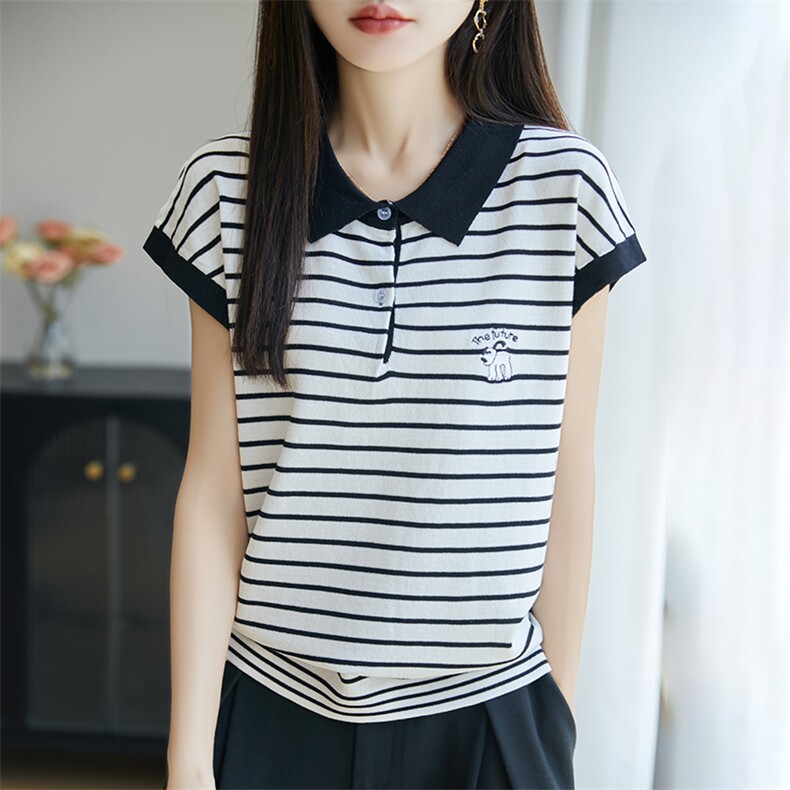 夏季新款女装polo领时尚休闲百搭针织上衣冰丝小衫条纹短袖T恤女，女装T恤，菲奥羊绒