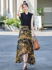 法式绝美气质套装裙女2025夏季新款无袖衬衣碎花鱼尾半身裙两件套，女装套装/套裙，尚娜萱
